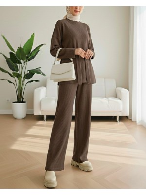 Yarım Boğazlı Kuşaklı Fitilli Takım  -Kahve