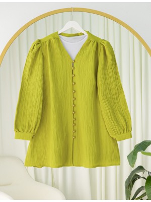 Top Düğmeli V Yaka Krinkıl Gömlek -Yağ Yeşili