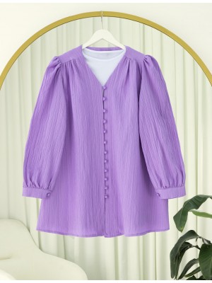 Top Düğmeli V Yaka Krinkıl Gömlek -Lila