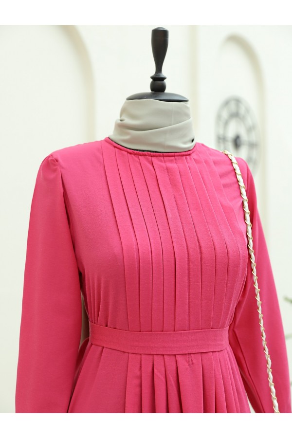 Pleated Round Neck Belted Long Dress -Fuchsia