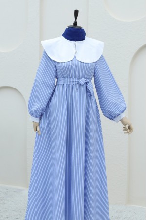 Bebe Yaka Çizgili Beli Lastikli Uzun Elbise  -Mavi