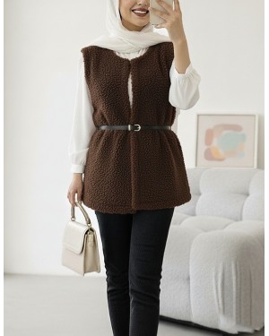 Waist Belted Double Pocket Lined Plush Vest -Brown