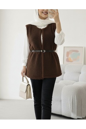 Beli Kemerli Çift Cepli Astarlı Peluş Yelek -Kahve