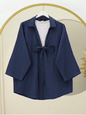 Front Tie Crinkle Kimono -Navy blue