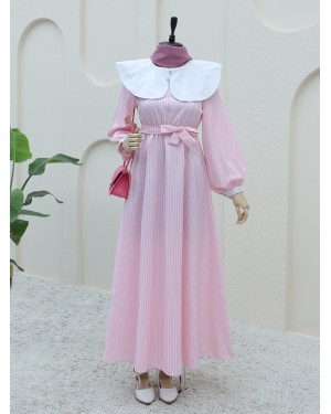 Baby Collar Striped Long Dress with Elastic Waist -Pink