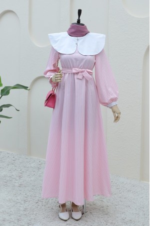 Bebe Yaka Çizgili Beli Lastikli Uzun Elbise -Pembe