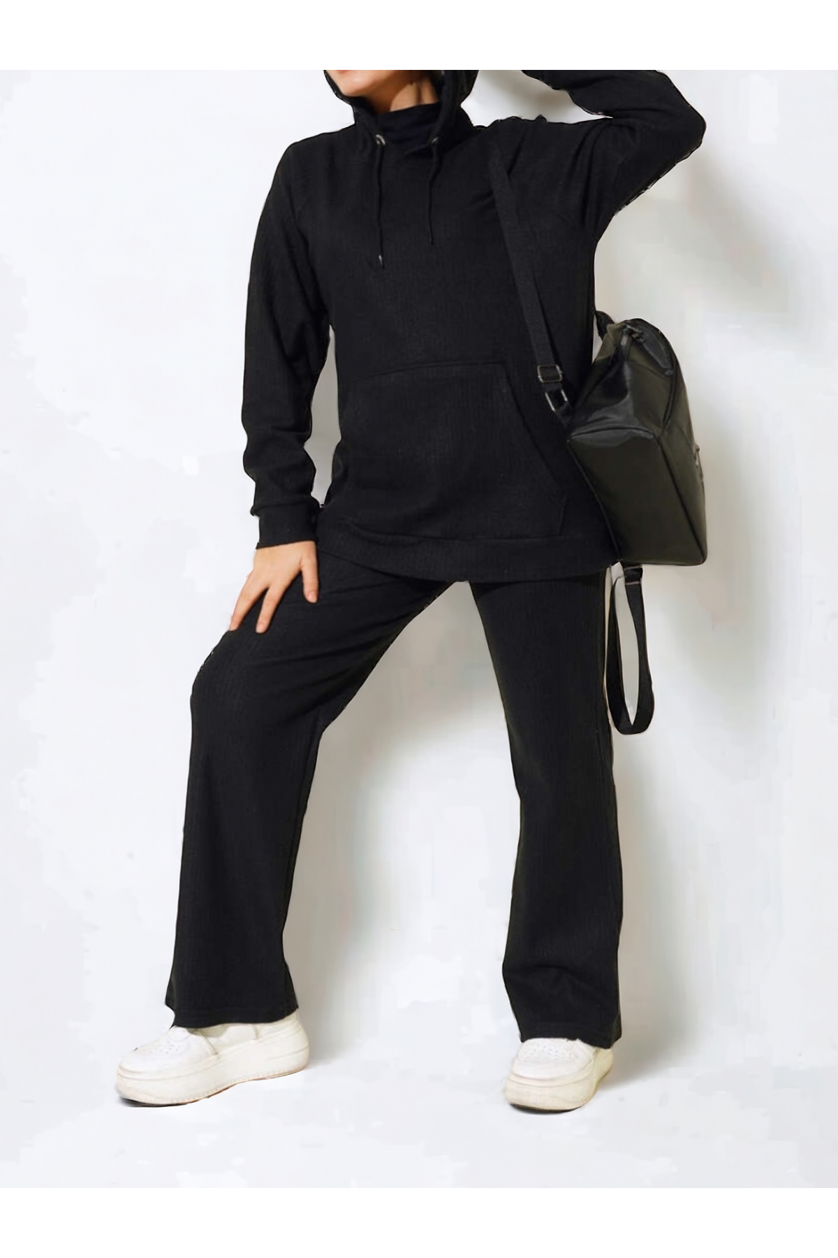 Hooded Kangaroo Pocket Corded Suit -Black