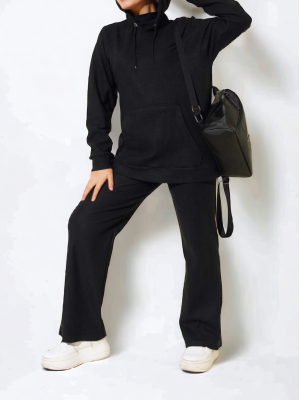 Kapşonlu Kanguru Cepli Fitilli Takım -Siyah