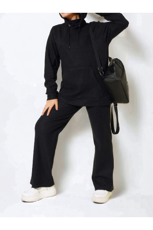 Kapşonlu Kanguru Cepli Fitilli Takım -Siyah