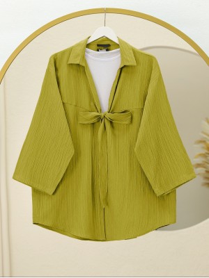 Front Tie Crinkle Kimono -Oil Green