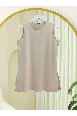 Yuvarlak Yaka Sıfır Kol Penye İçlik  -Açık Vizon