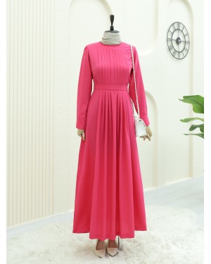 Pleated Round Neck Belted Long Dress -Fuchsia