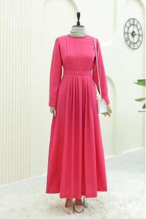 Pliseli Yuvarlak Yaka Kuşaklı Uzun Elbise  -Fuşya