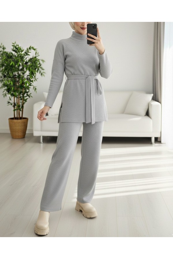 Half Turtleneck Belted Corduroy Suit - Light grey