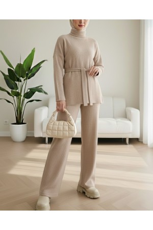 Half Turtleneck Belted Corduroy Suit - Beige