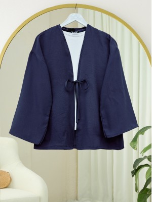 Poplin Kimono with Lace Front -Navy blue