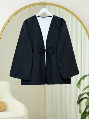 Önü Bağcıklı Poplin Kimono -Siyah