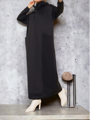 Hooded Half-Neck Skuba Dress with Bag Pockets -Black