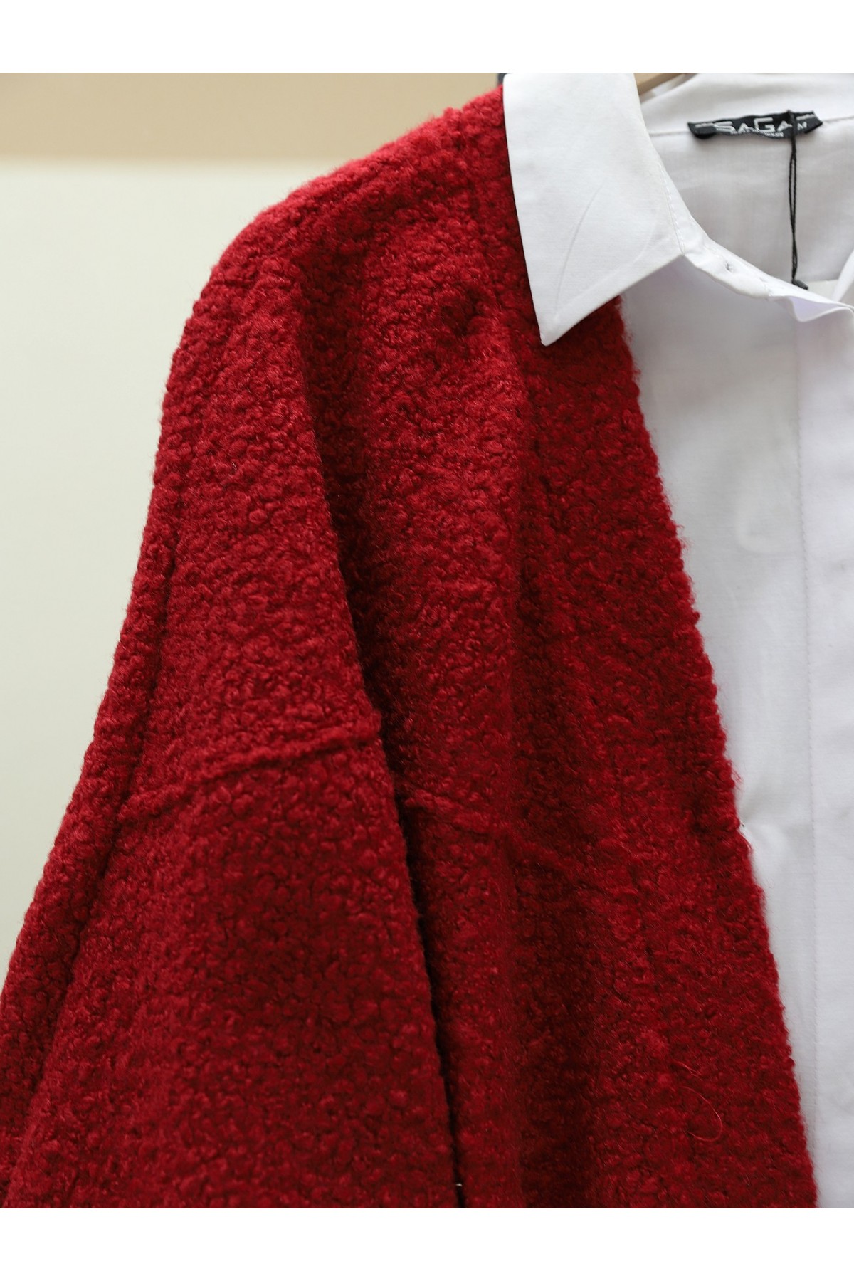 Pocket Balloon Sleeve Oversize Boucle Jacket -Maroon