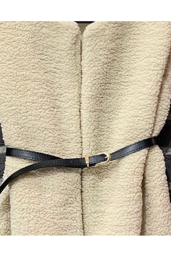 Beli Kemerli Çift Cepli Astarlı Peluş Yelek -Bej