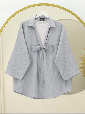 Front Tie Crinkle Kimono  -Grey