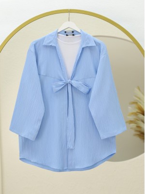 Front Tie Crinkle Kimono -Baby Blue