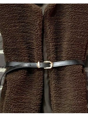 Beli Kemerli Çift Cepli Astarlı Peluş Yelek -Kahve