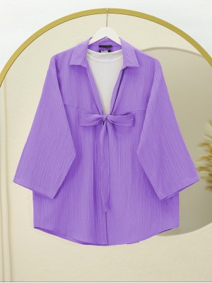 Front Tie Crinkle Kimono -Lilac