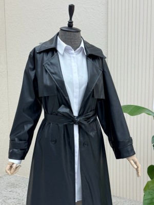 Bolerolu Beli Bağcıklı Uzun Deri Kap -Siyah