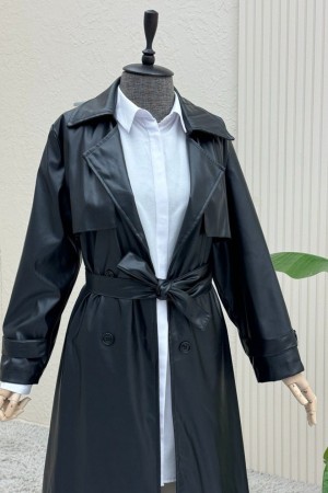 Long Leather Cape with Laced Waist and Bolero -Black