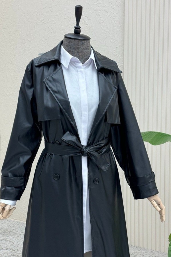 Long Leather Cape with Laced Waist and Bolero -Black