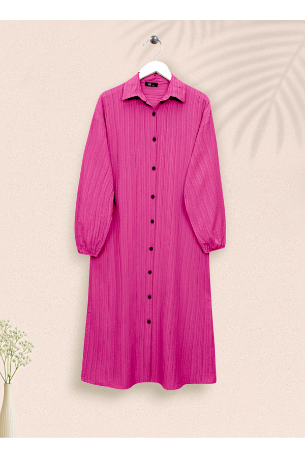 Boydan Düğmeli Kolu Lastikli Uzun Krinkıl Tunik  -Fuşya