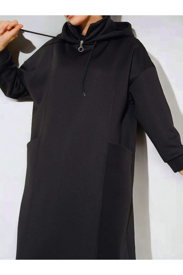 Hooded Half-Neck Skuba Dress with Bag Pockets -Black