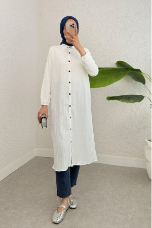 Boydan Düğmeli Kolu Lastikli Uzun Krinkıl Tunik  -Beyaz