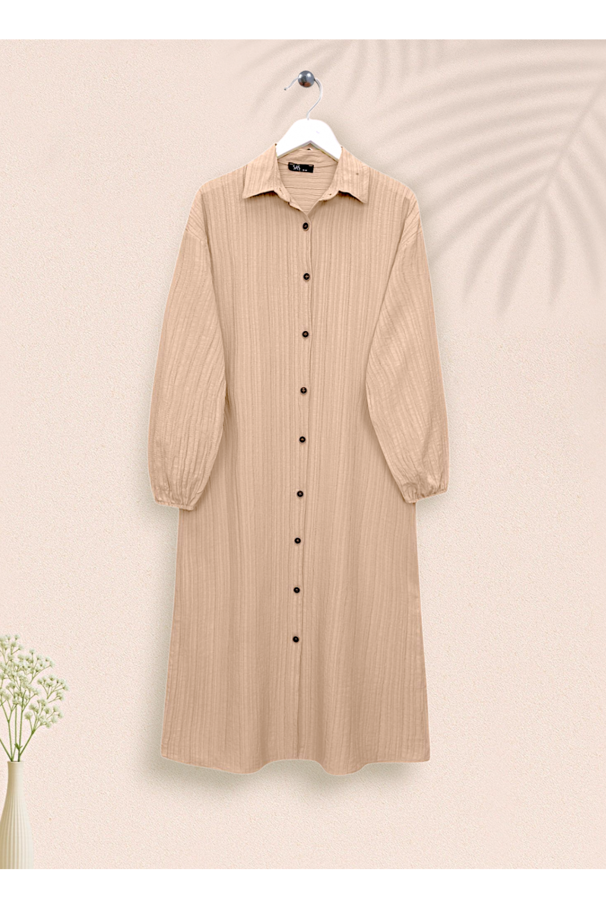 Long Crinkle Tunic with Buttoned Neck and Elastic Sleeves -Mink color