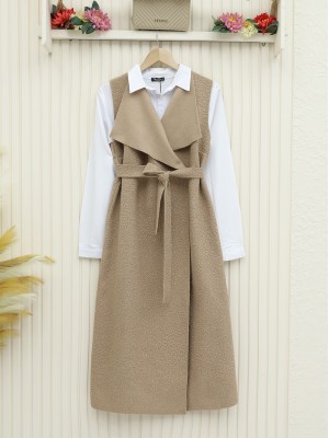 Kemerli Uzun Buklet Yelek -Vizon