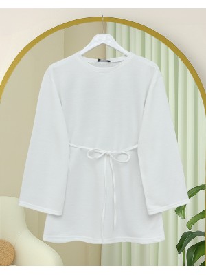 Yuvarlak Yaka Beli Bağlamalı Penye Tunik -Beyaz