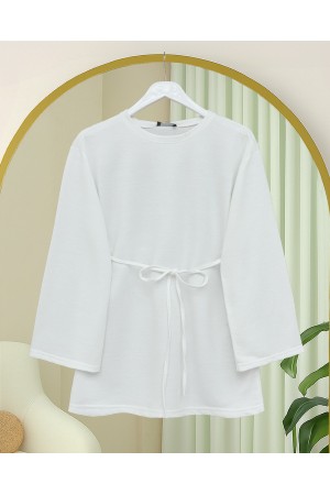 Yuvarlak Yaka Beli Bağlamalı Penye Tunik -Beyaz