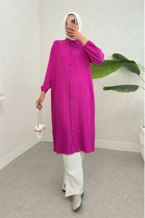 Long Crinkle Tunic with Buttoned Neck and Elastic Sleeves -Fuchsia