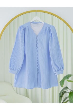 Top Düğmeli V Yaka Krinkıl Gömlek -Bebe Mavi