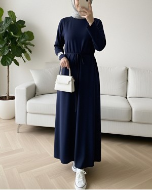 Round Neck Tied Waist Oysho Dress -Navy blue