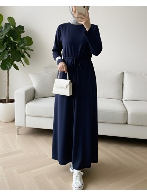 فستان أويشو برقبة دائرية وخصر مربوط -كحلي