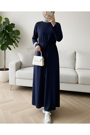 Round Neck Tied Waist Oysho Dress -Navy blue