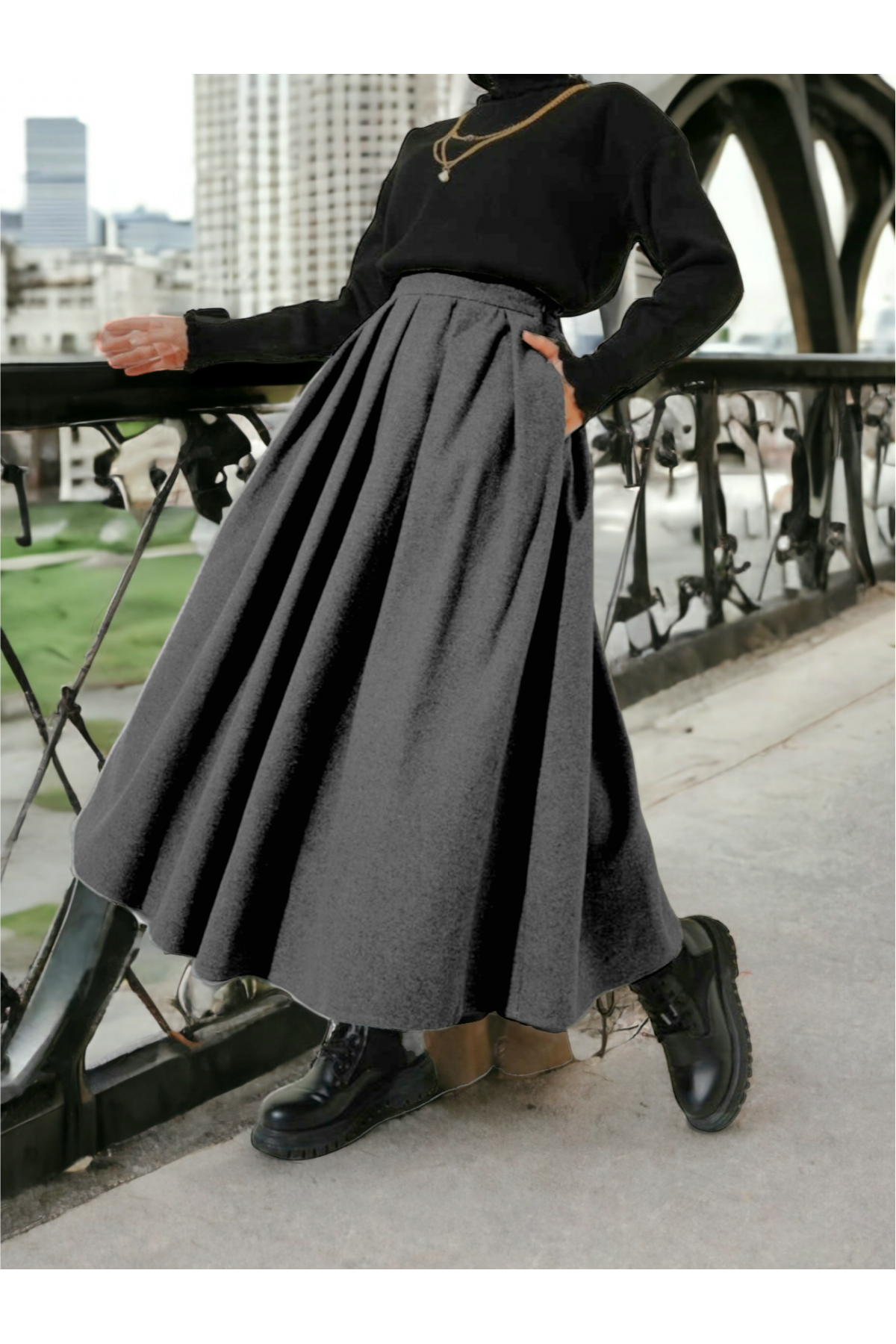Pleated Stitch Skirt  -Grey