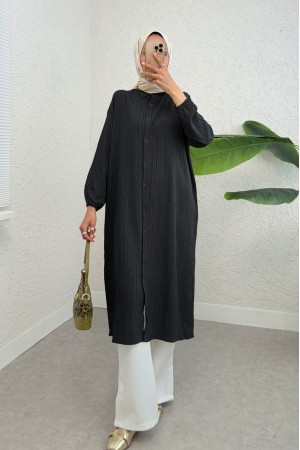 Boydan Düğmeli Kolu Lastikli Uzun Krinkıl Tunik  -Siyah