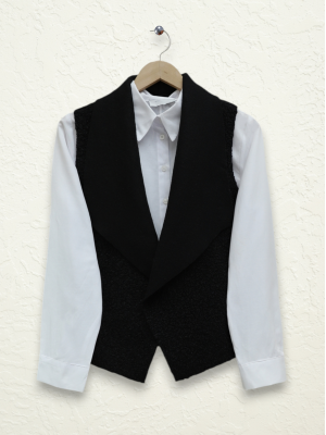 Kruvaze Yaka Buklet Yelek -Siyah