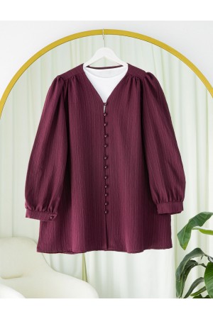 Top Düğmeli V Yaka Krinkıl Gömlek -Bordo