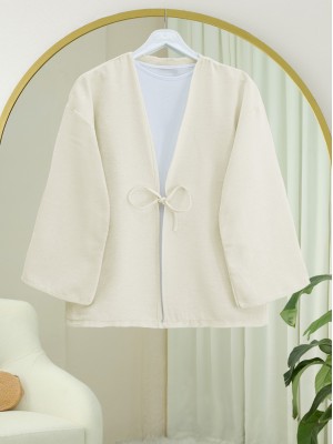 Linen Kimono with Lace Front  -Ecru