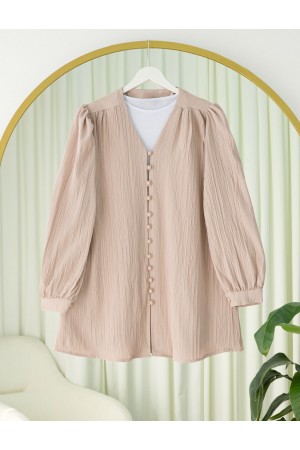 Top Düğmeli V Yaka Krinkıl Gömlek -Somon