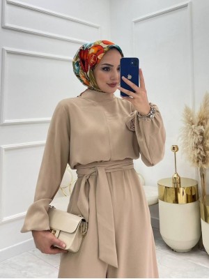 Dik Yaka Kemerli Güllü Tulum  -Vizon